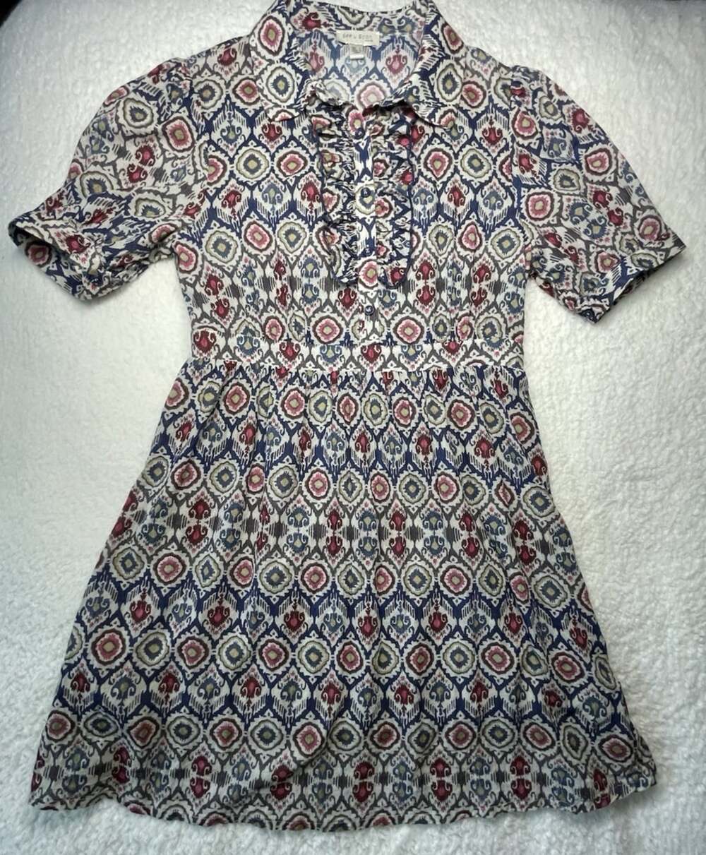 Anthropologie See U Soon Dress L Blu Green Floral Geometric Mosaic Babydoll Boho